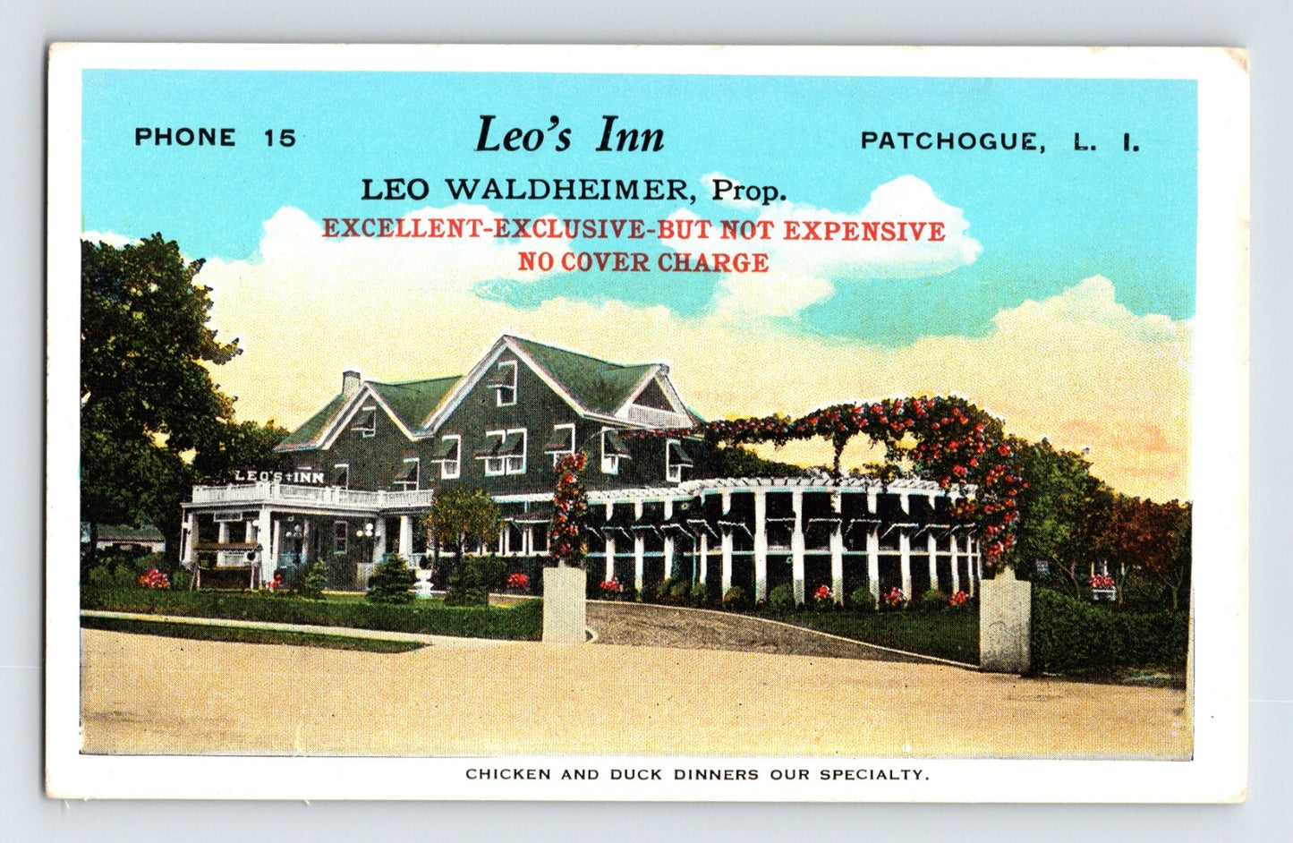 Patchogue New York Long Island Leo Inn Chicken Dinner Restaurant 1930s Postcard