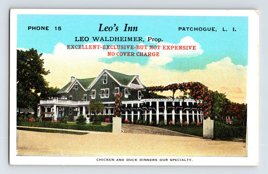 Patchogue New York Long Island Leo Inn Chicken Dinner Restaurant 1930s Postcard
