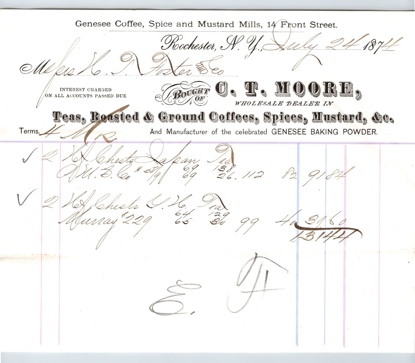 Rochester New York 1874 C.T. Moore Tea Coffee Spice Mustard Billhead - 8.5 x 7