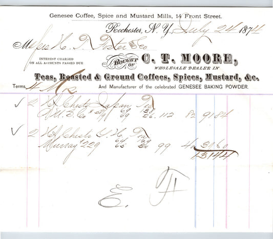 Rochester New York 1874 C.T. Moore Tea Coffee Spice Mustard Billhead - 8.5 x 7