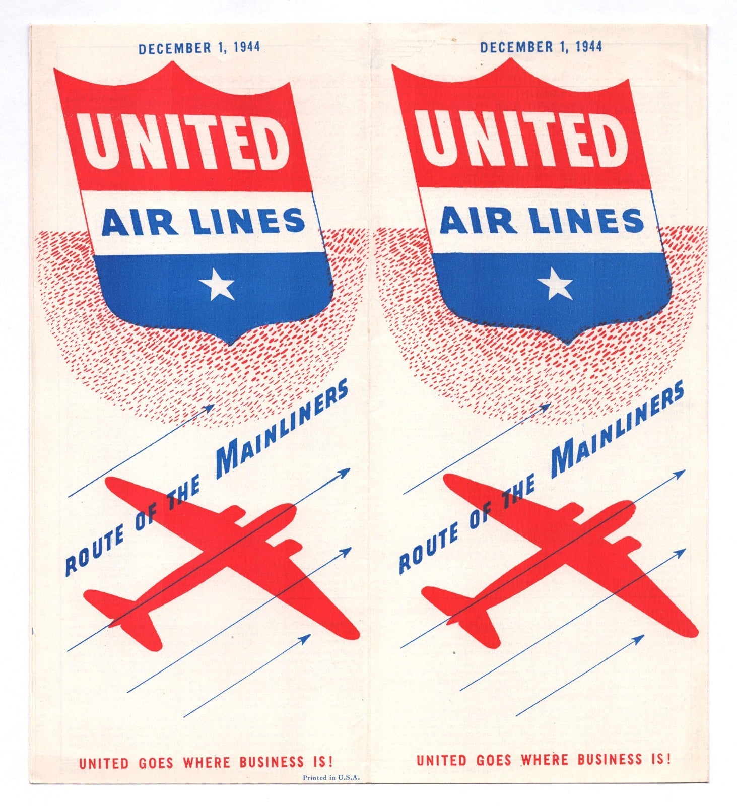 United Air Lines December 1 1944 Mainliner route system timetable brochure with red aircraft and shield logo cover