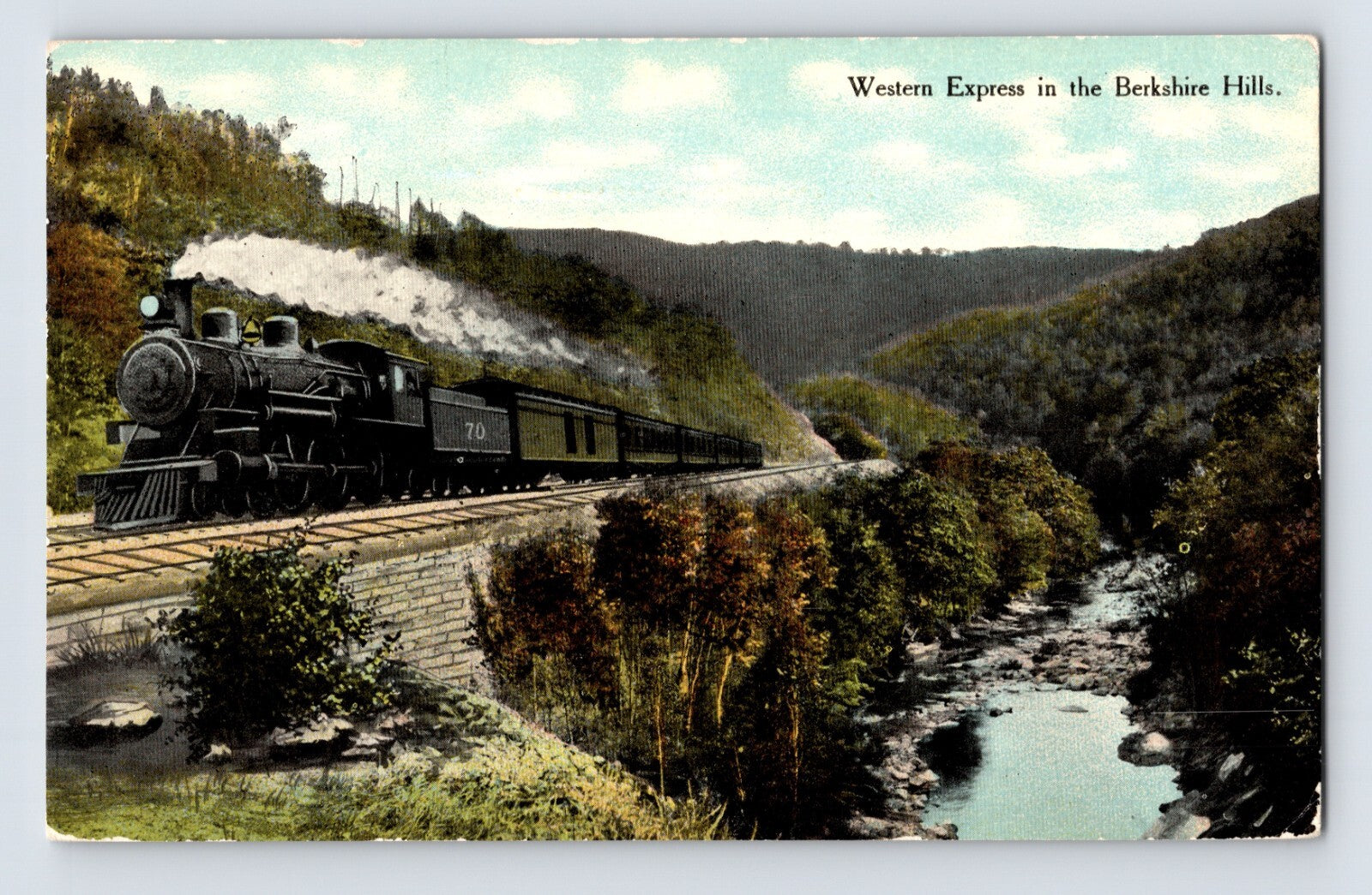 Berkshire Hills Massachusetts Western Express steam train river valley 1910s postcard
