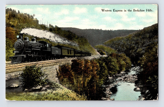 Berkshire Hills Massachusetts Western Express steam train river valley 1910s postcard