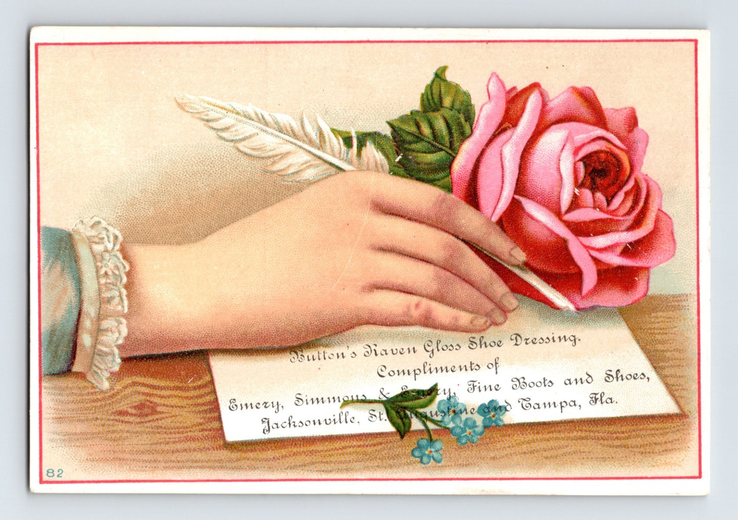 St Augustine Florida Emery Simmons rose writing hand boots shoes Victorian trade card 1890s 3.5 x 5