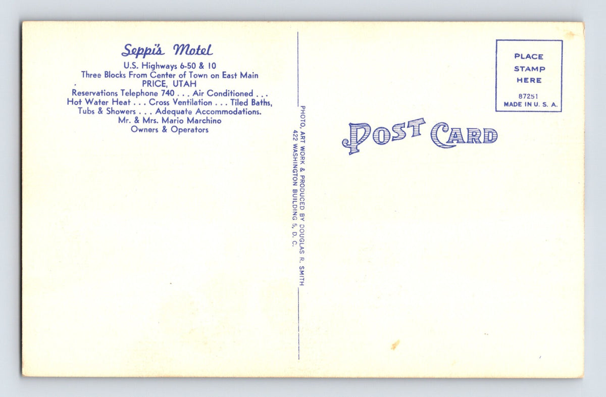 Price Utah Seppi’s Motel 1940s Postcard Unposted Linen