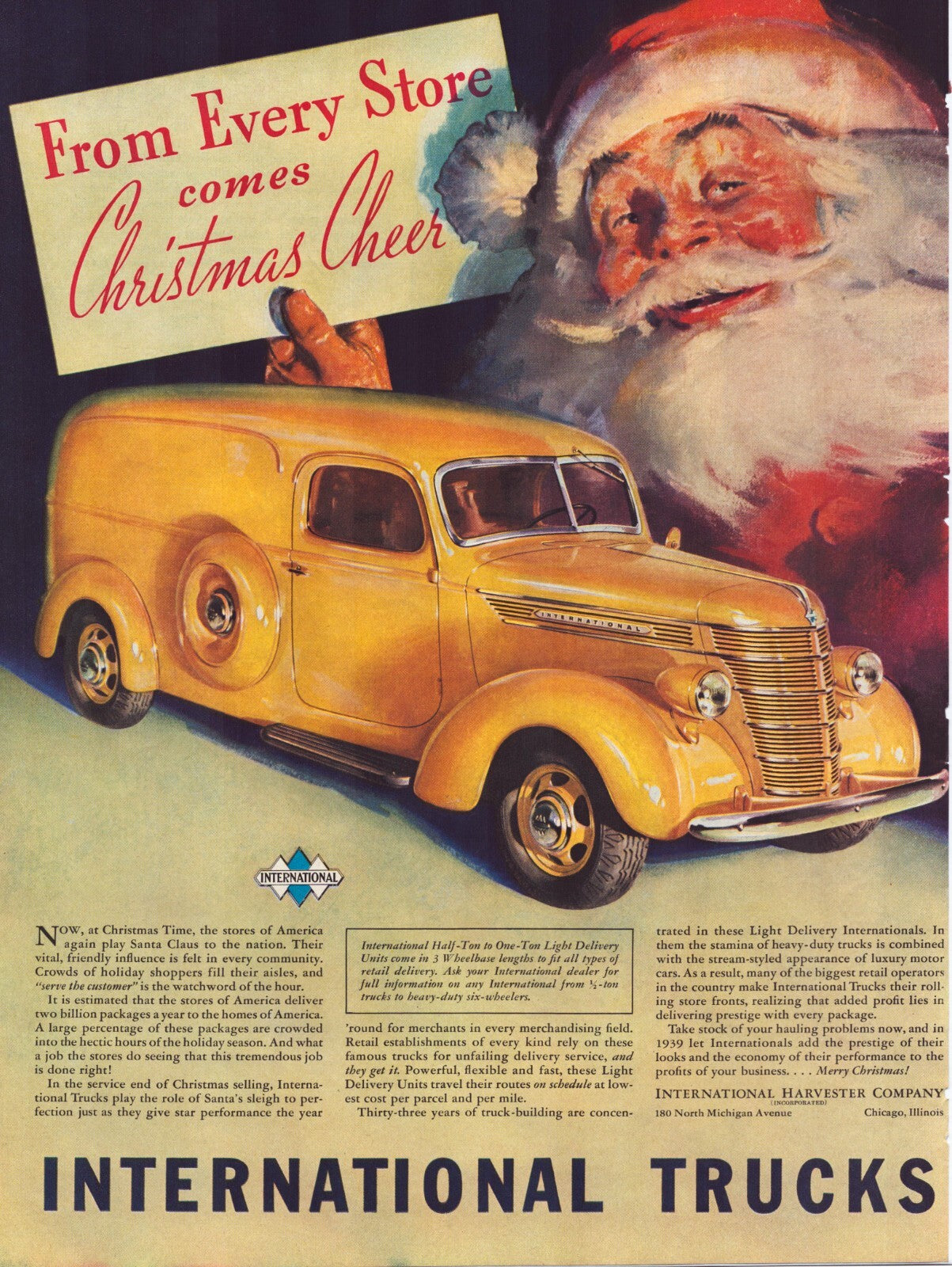 Santa holding Christmas cheer sign behind yellow International delivery truck 1938 holiday print advertisement