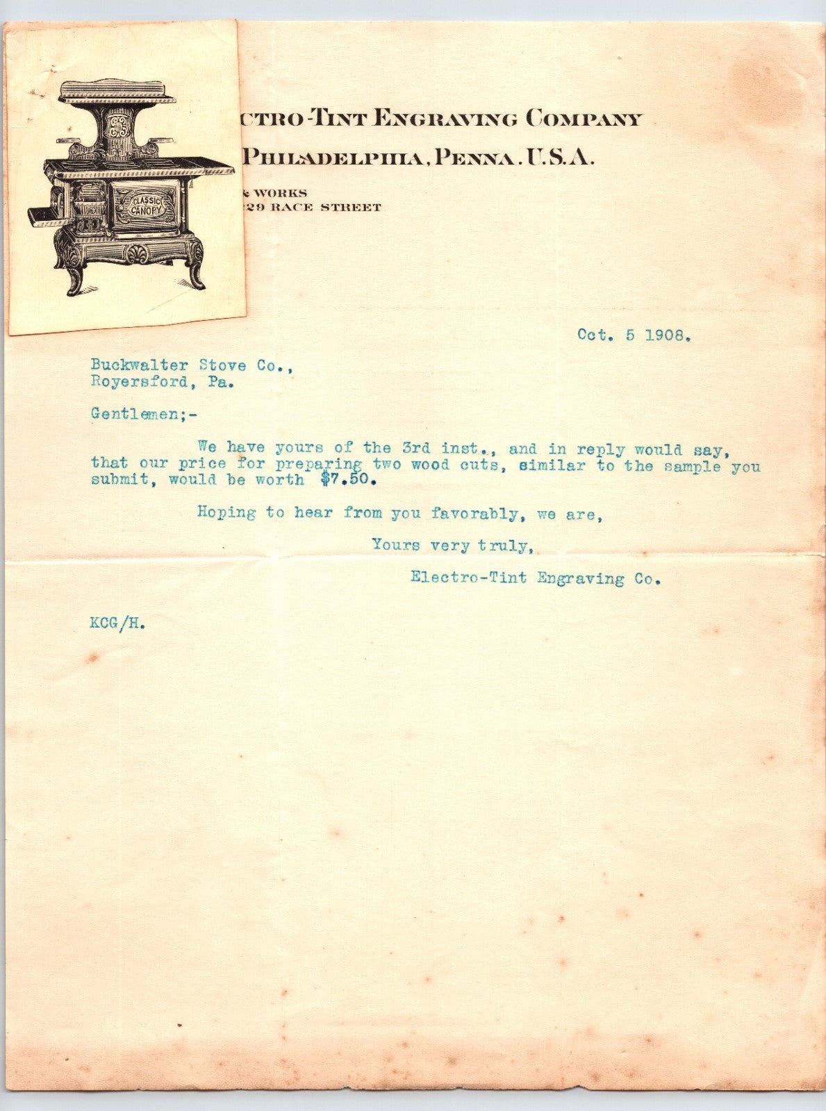 Philadelphia Pennsylvania 1908 Electro Tint Engraving Illustrated Letterhead 8.5 x 11