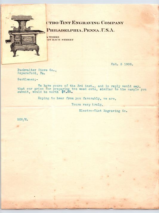 Philadelphia Pennsylvania 1908 Electro Tint Engraving Illustrated Letterhead 8.5 x 11