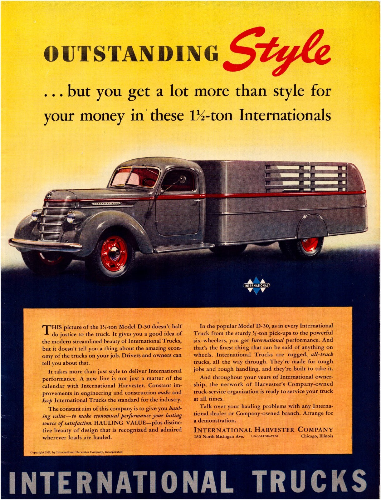 International Trucks 1939 print ad with vintage pickup truck and Outstanding Style headline