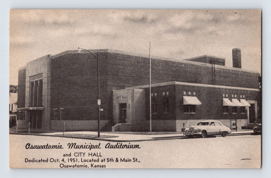 Osawatomie Kansas municipal auditorium and city hall building exterior with vintage cars 1940s linen postcard