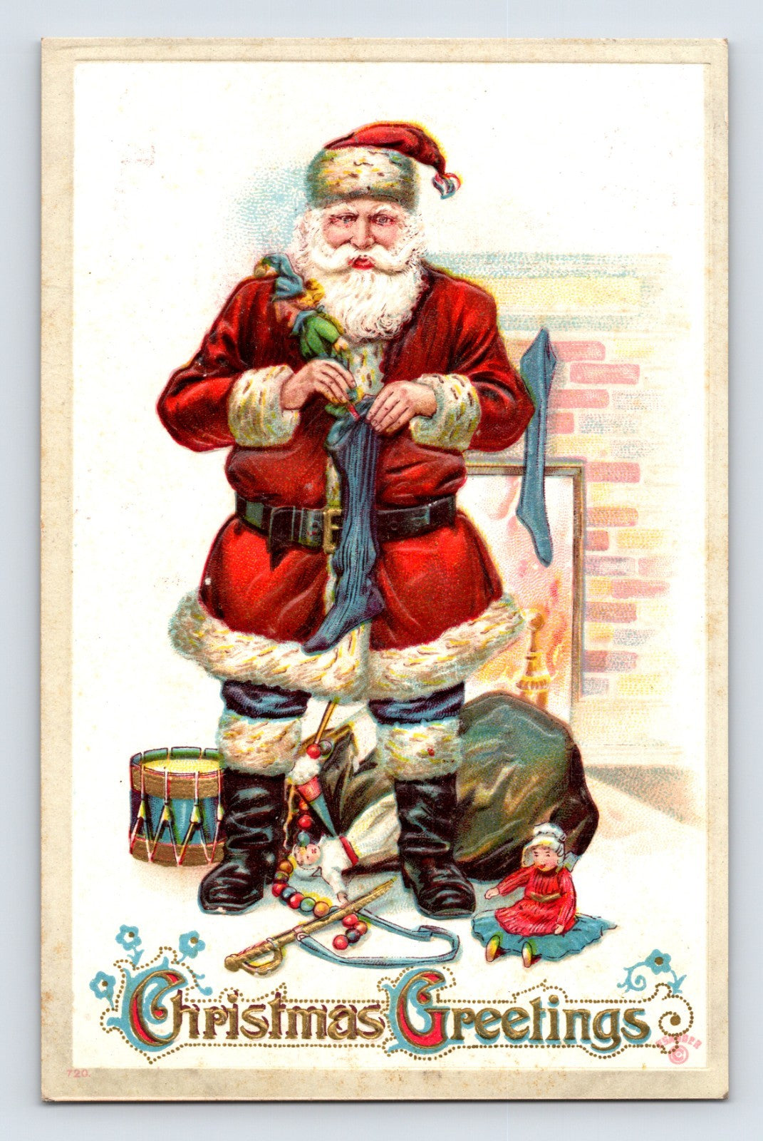 Santa Claus stocking toys drum doll 1910s Christmas postcard divided back