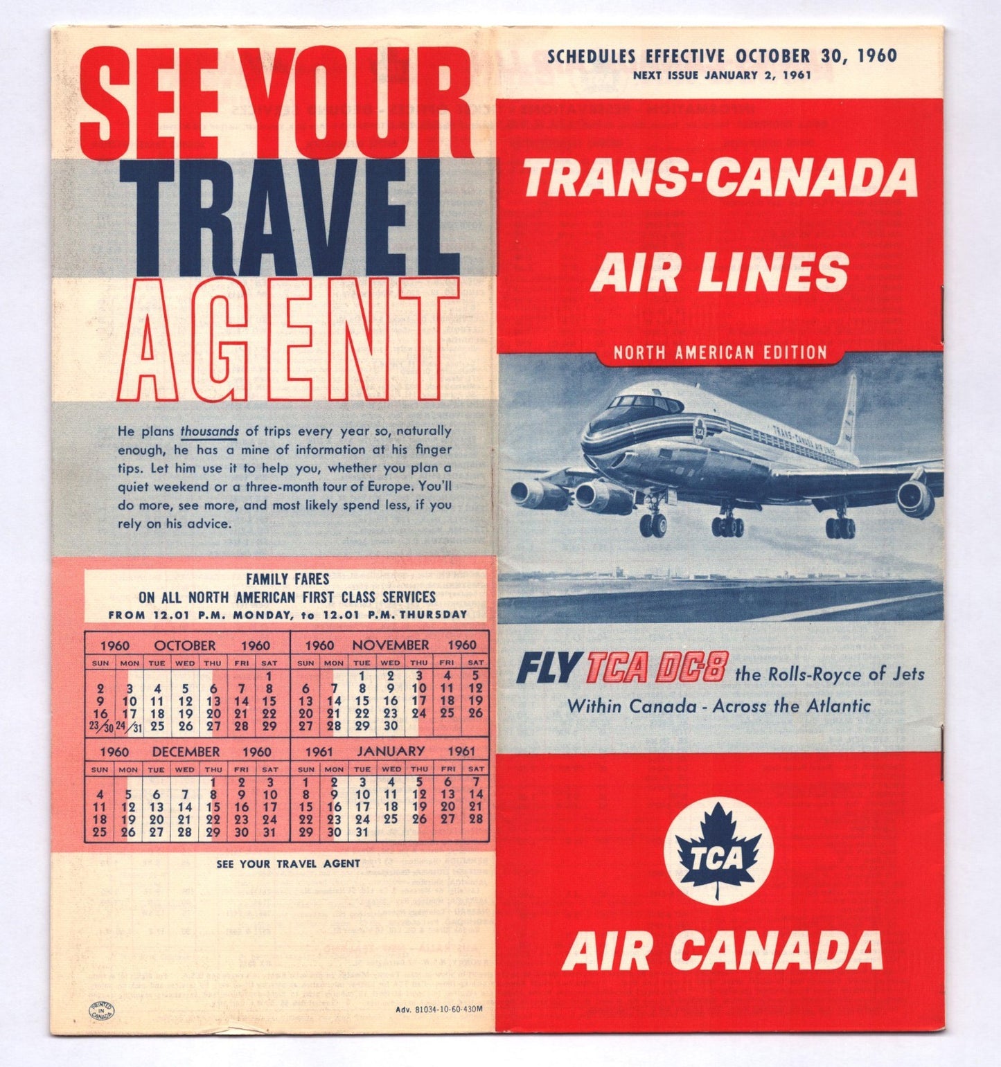 Trans Canada Air Lines October 30 1960 system timetable booklet cover with DC 8 jet and Air Canada maple leaf logo