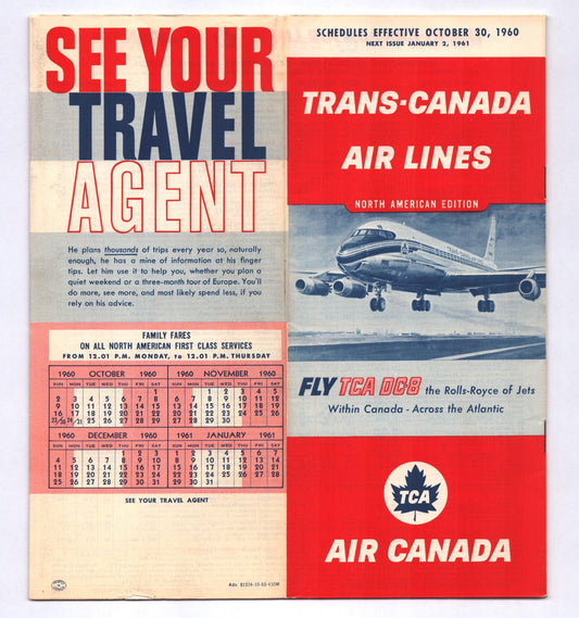 Trans Canada Air Lines October 30 1960 system timetable booklet cover with DC 8 jet and Air Canada maple leaf logo