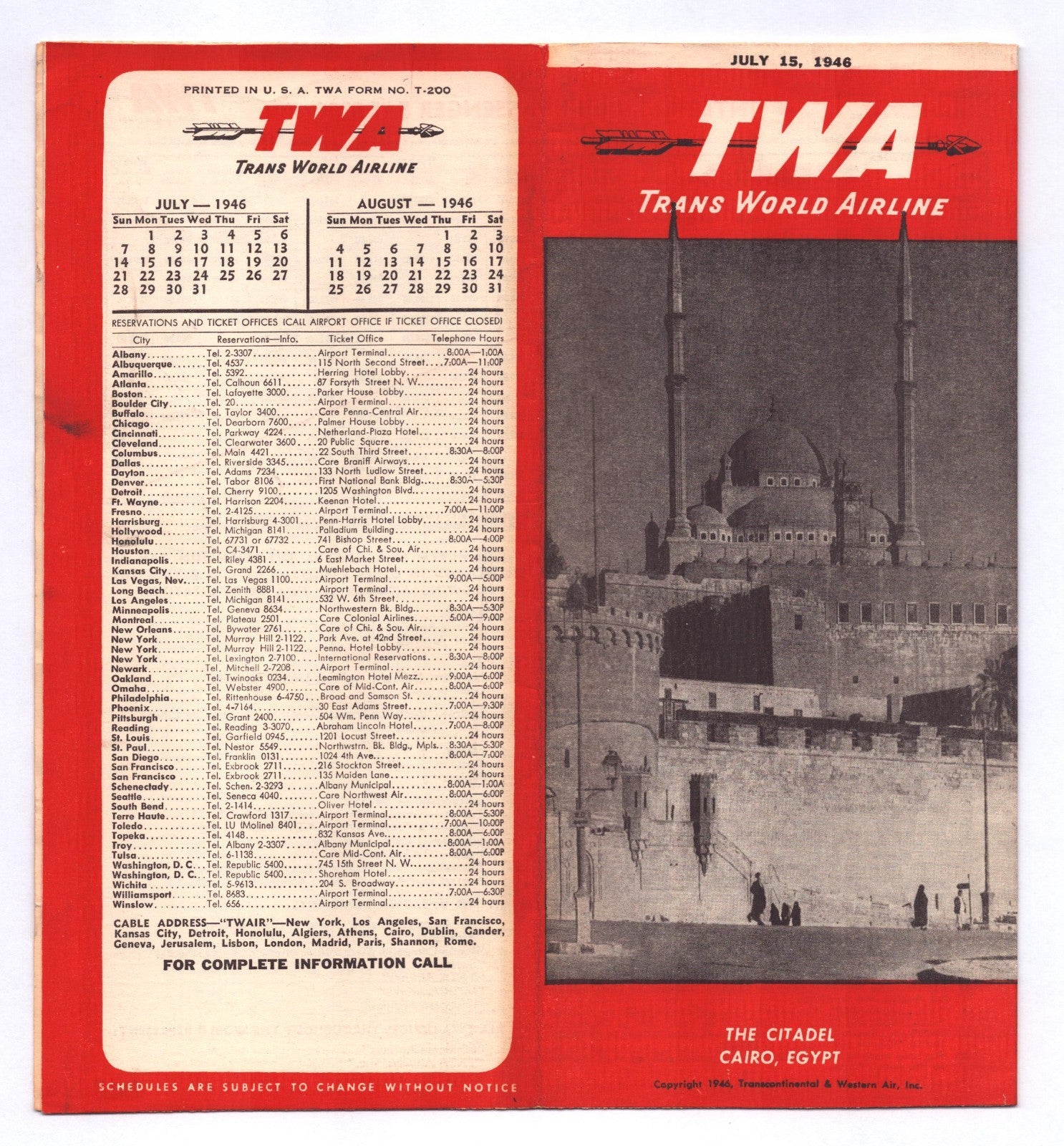 1946 TWA Trans World Airline system timetable brochure featuring The Citadel Cairo Egypt with red cover design and route schedule listings