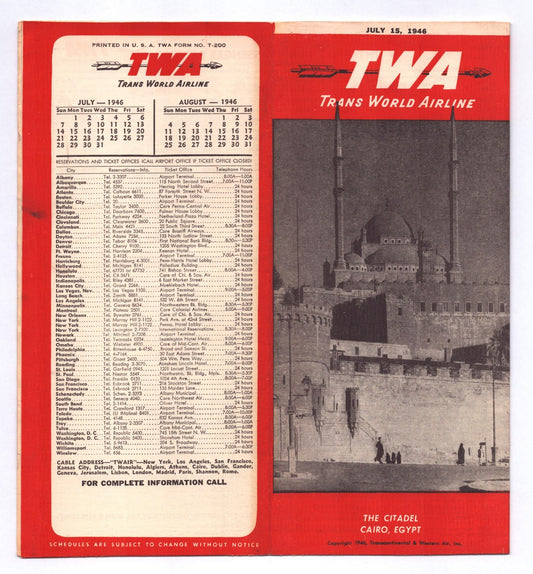 1946 TWA Trans World Airline system timetable brochure featuring The Citadel Cairo Egypt with red cover design and route schedule listings