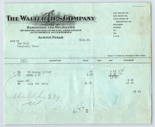 Austin Texas 1923 Walter Tips Company Hardware Machinery Sporting Goods Invoice