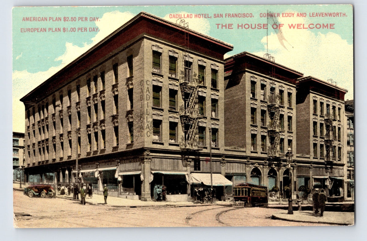 San Francisco California Cadillac Hotel corner of Eddy and Leavenworth 1910s street scene with early automobiles and streetcar