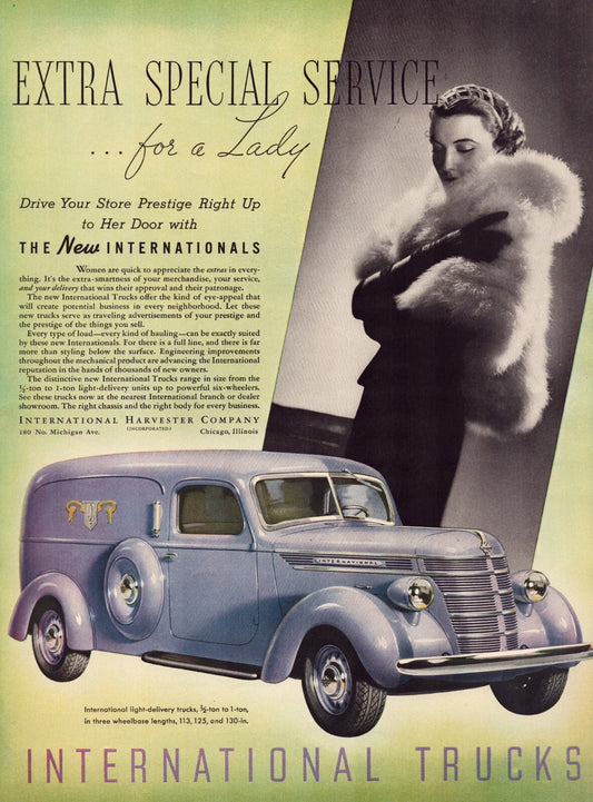 International Trucks 1937 Print Ad Delivery Truck Woman Fur Coat 10.5 x 13.5