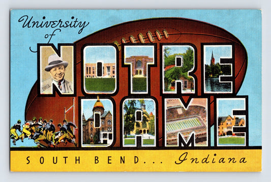 South Bend Indiana University of Notre Dame large letter postcard Rockne football campus scenes 1940s linen
