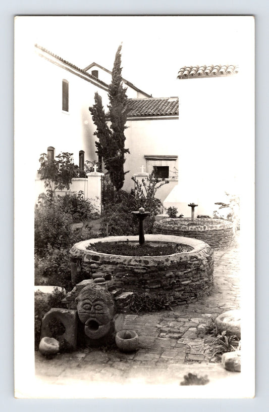 Oceanside California Mission San Luis Rey courtyard fountain stone garden RPPC postcard 1930s