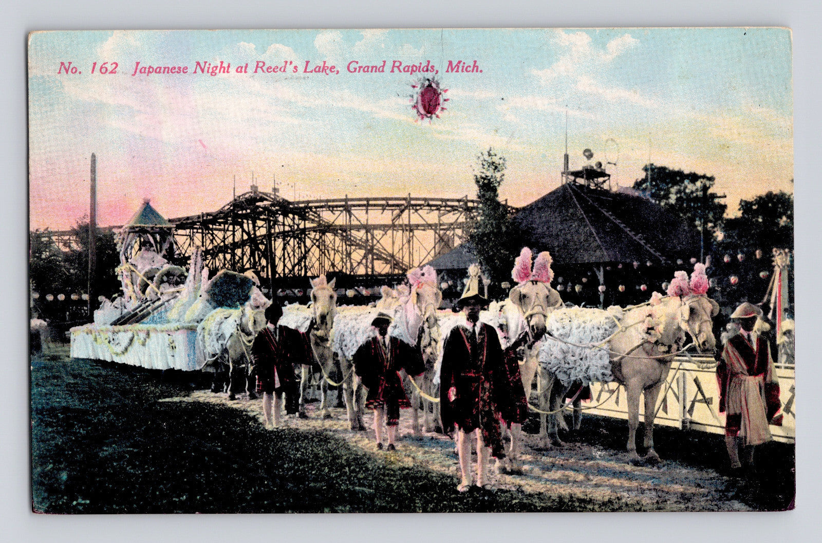 Grand Rapids Michigan Reeds Lake Japanese Night parade horses lanterns 1910 postcard
