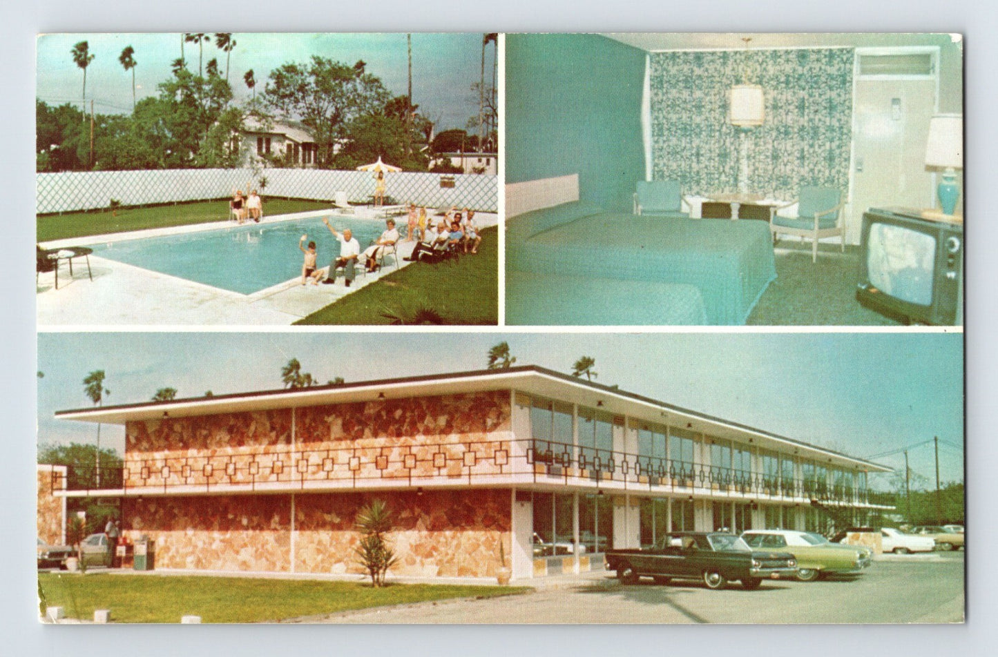McAllen Texas El Matador Motor Inn motel pool room interior 1973 postcard chrome