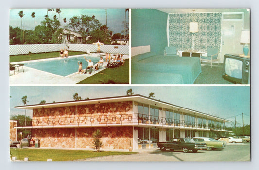 McAllen Texas El Matador Motor Inn motel pool room interior 1973 postcard chrome