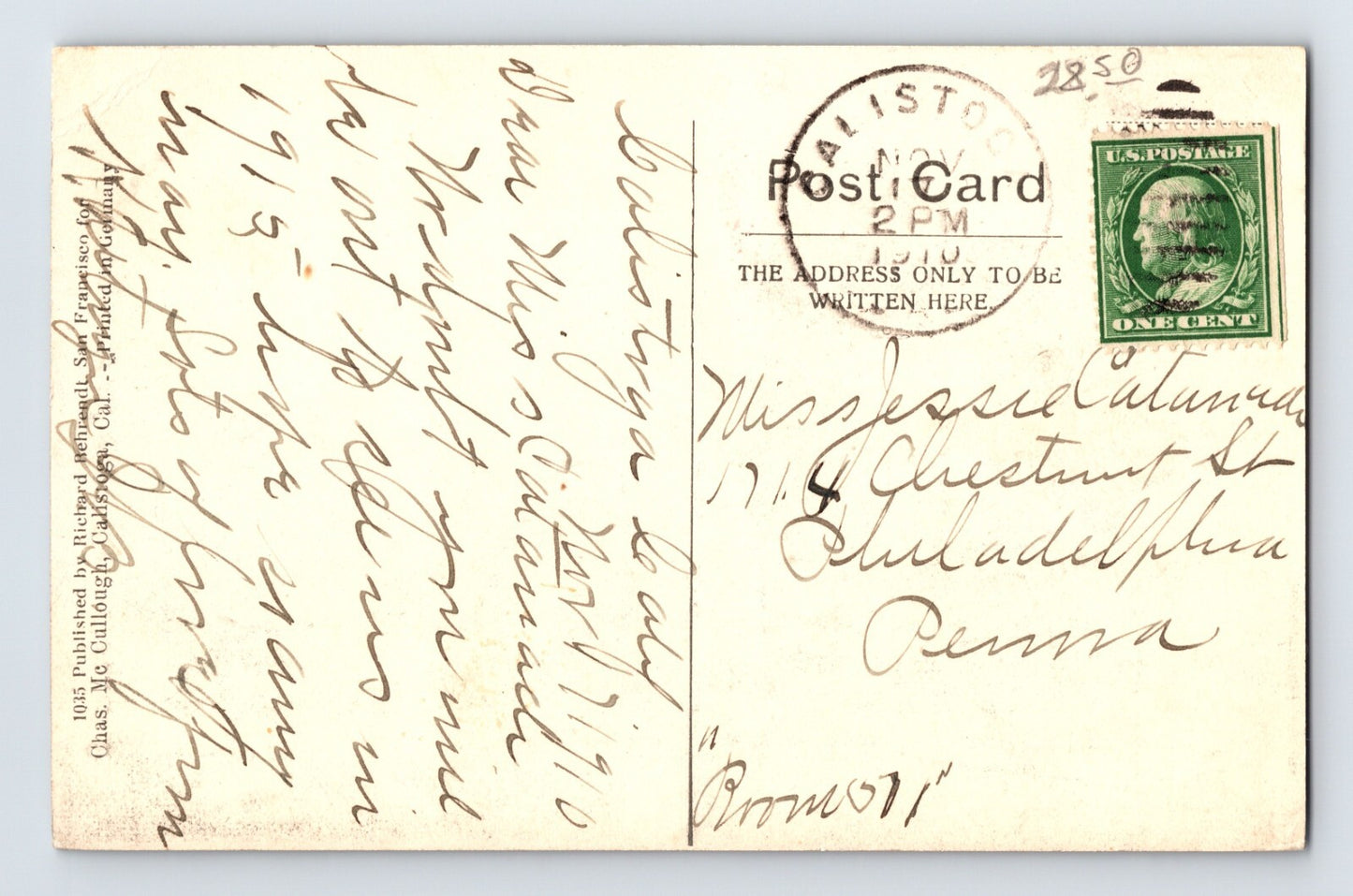 Calistoga California Grammar School 1910 Postcard Posted Divided Back