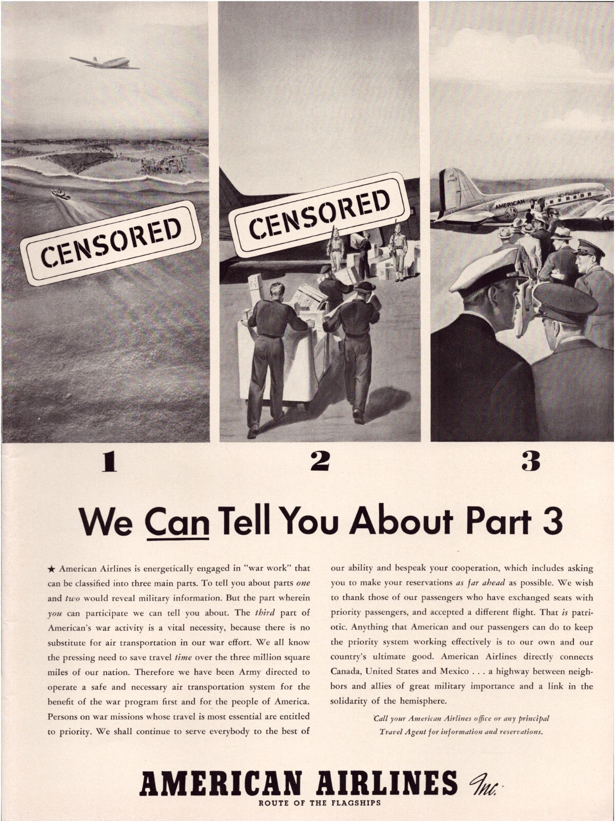 American Airlines 1942 WW2 print advertisement censored airplane scenes full page magazine