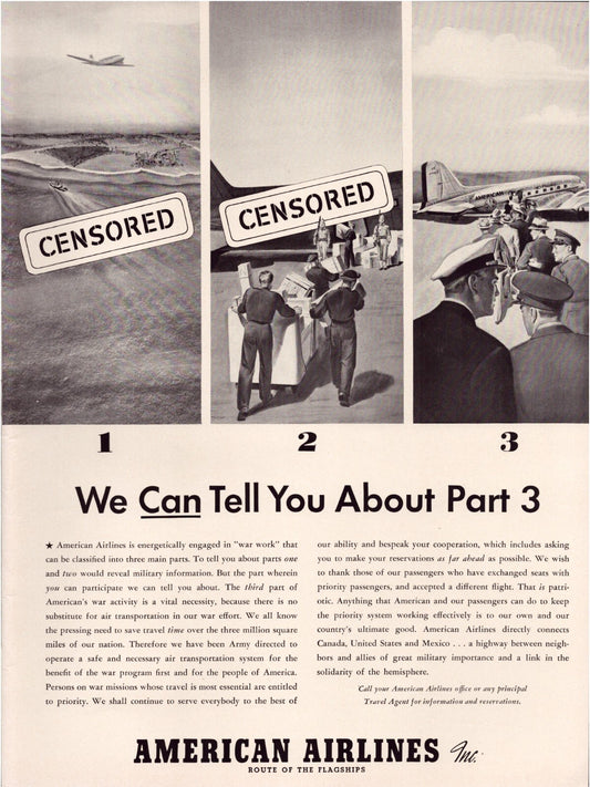 American Airlines 1942 WW2 print advertisement censored airplane scenes full page magazine