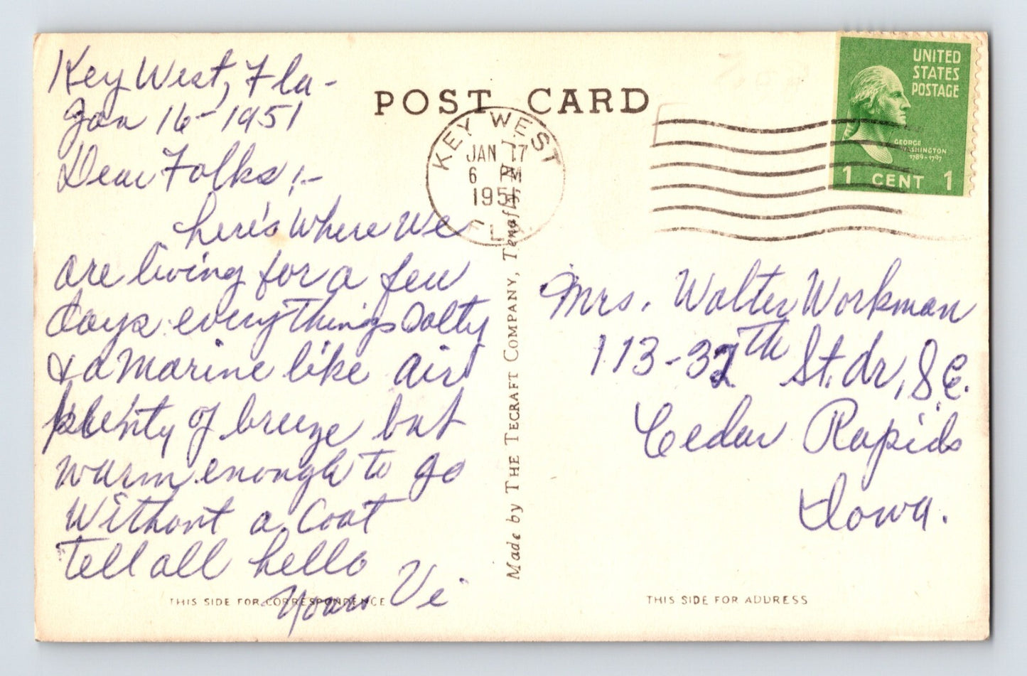 Key West Florida El Prado Motel Restaurant Diner 1951 Postcard Posted