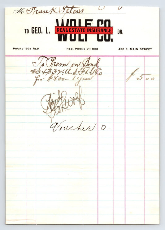 Stockton California George Wolf Real Estate Insurance billhead ledger receipt handwritten 1910s