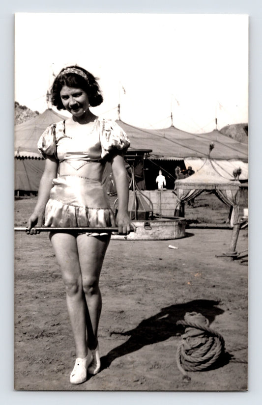 Barnes Sells Floto Circus showgirl performer balancing rod circus grounds tents 1940s photograph