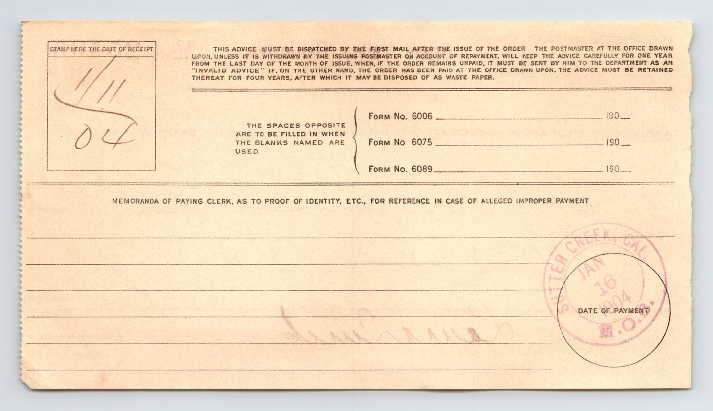 Grass Valley California 1904 Postal Money Order Advice Sutter Creek 3.5 x 5.5