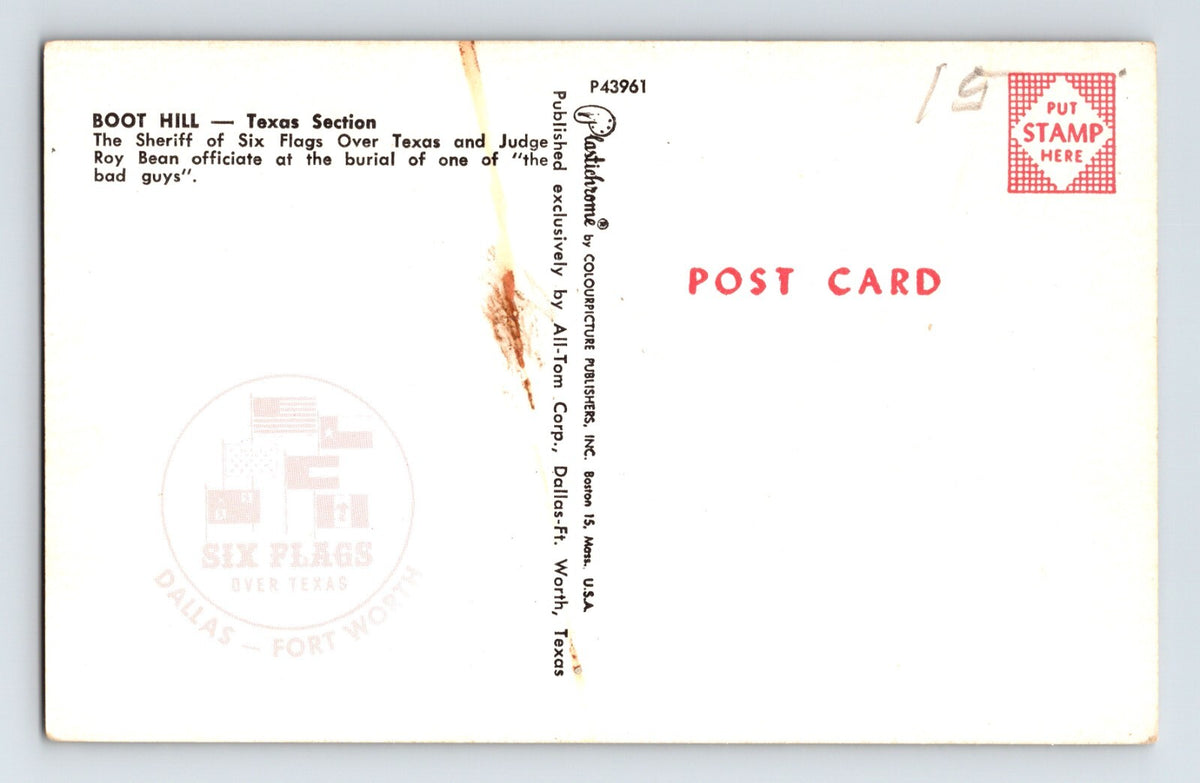 Dallas Fort Worth Texas Six Flags Boot Hill Cemetery Roy Bean 1960s Postcard