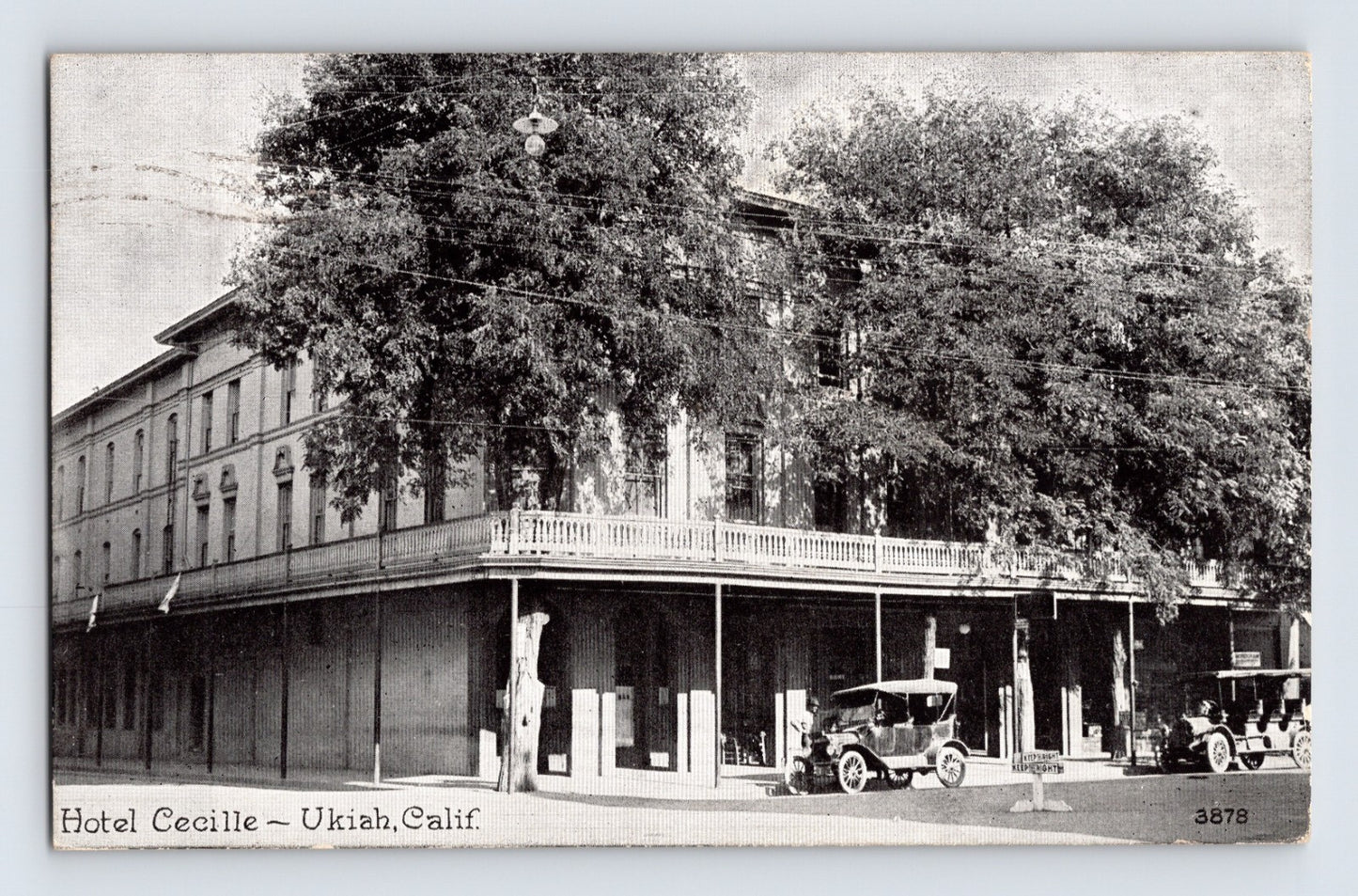 Ukiah California Hotel Cecille with early automobiles street scene 1928 postcard