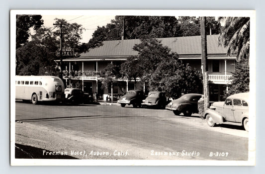 Auburn California Freeman Hotel Bus Eastman 1940s RPPC Postcard Unposted