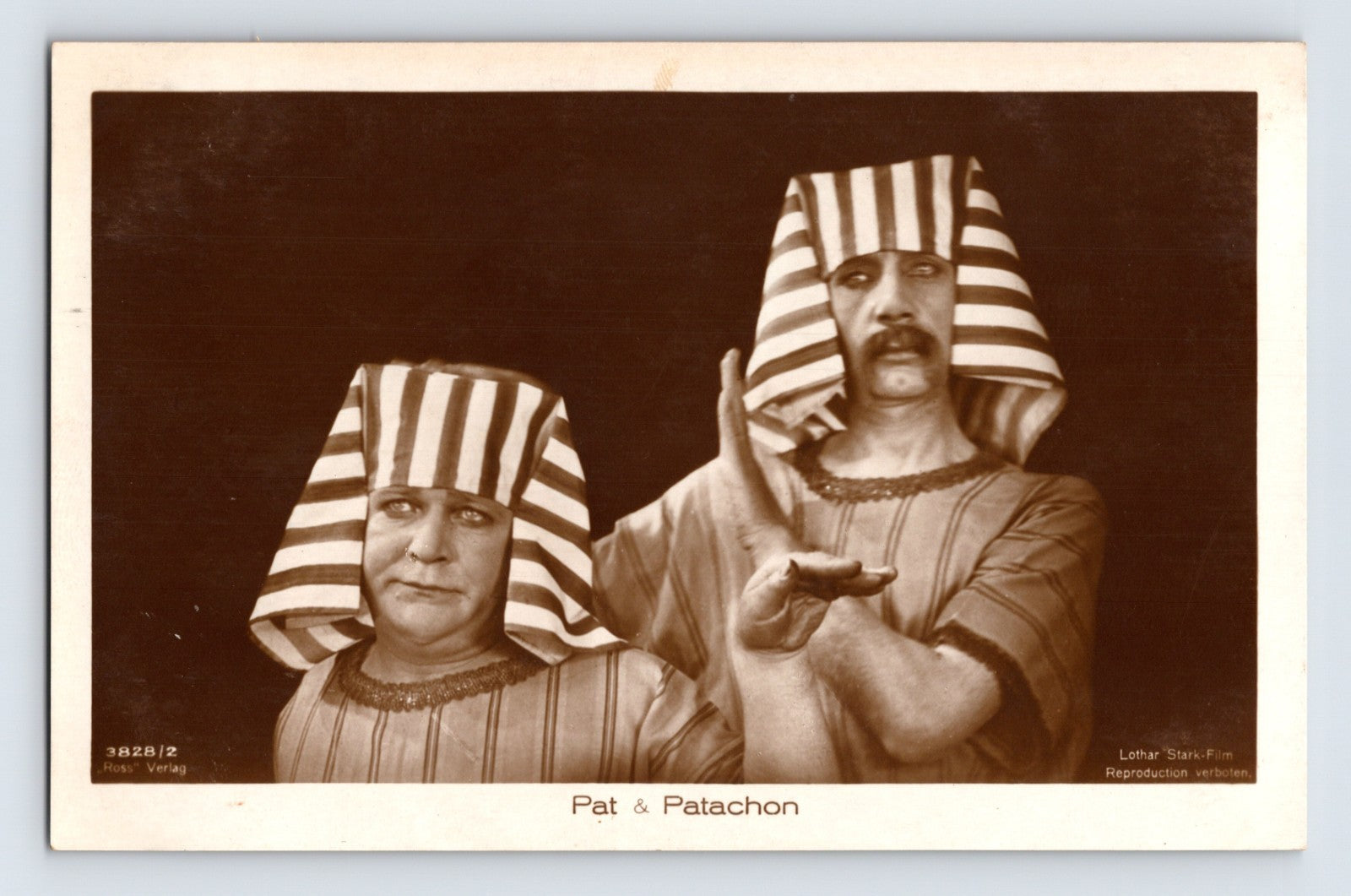 Pat and Patachon 1920s RPPC postcard silent film comedy duo costume studio portrait Ross Verlag