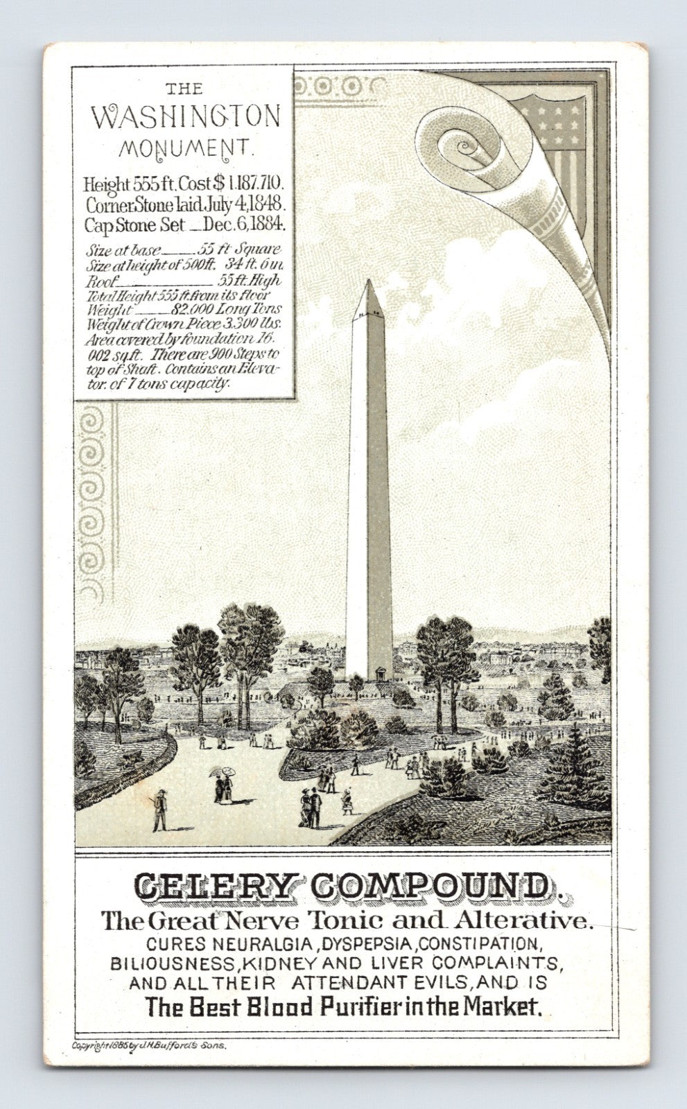 Washington Monument Victorian patent medicine trade card advertising Celery Compound nerve tonic and blood purifier with detailed monument statistics and illustrated Washington landscape.