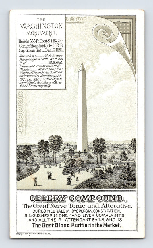 Washington Monument Victorian patent medicine trade card advertising Celery Compound nerve tonic and blood purifier with detailed monument statistics and illustrated Washington landscape.