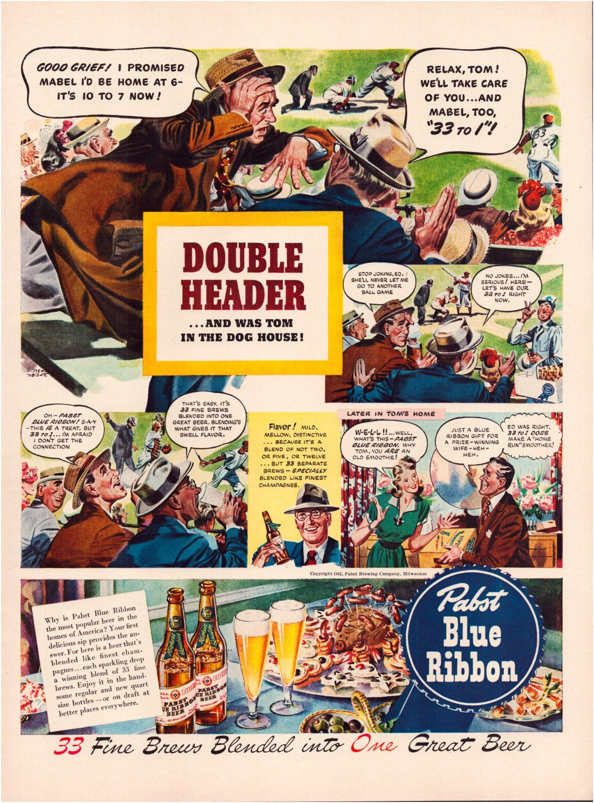 Pabst Blue Ribbon 1942 beer print ad featuring baseball game doubleheader comic-style scenes with fans drinking beer and stadium crowd imagery