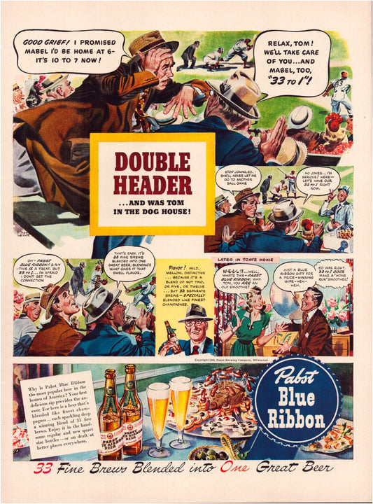 Pabst Blue Ribbon 1942 beer print ad featuring baseball game doubleheader comic-style scenes with fans drinking beer and stadium crowd imagery