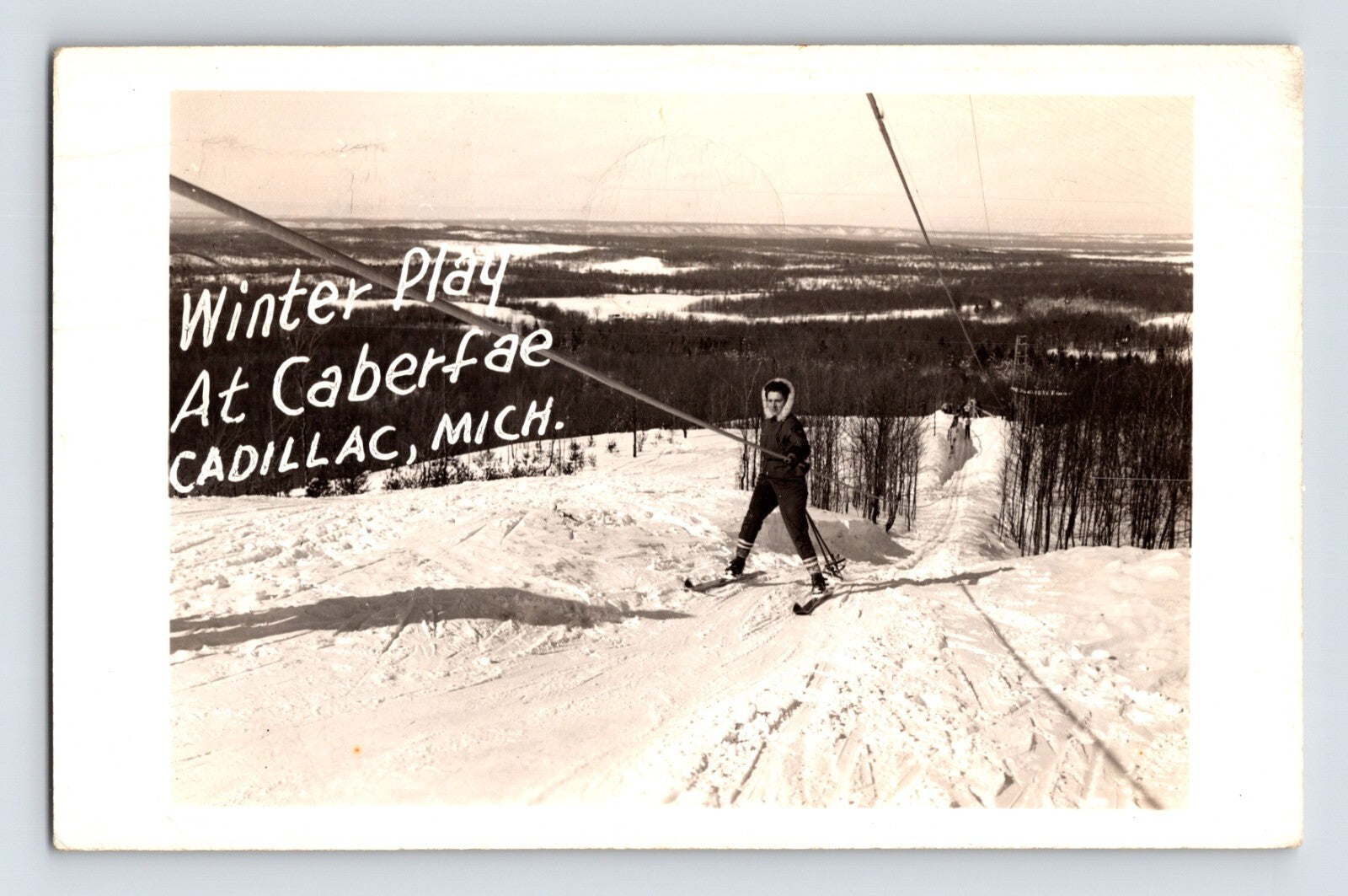 Cadillac Michigan Caberfae ski tow 1941 RPPC postcard