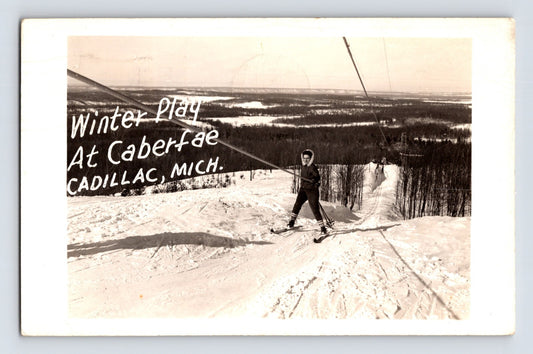 Cadillac Michigan Caberfae ski tow 1941 RPPC postcard