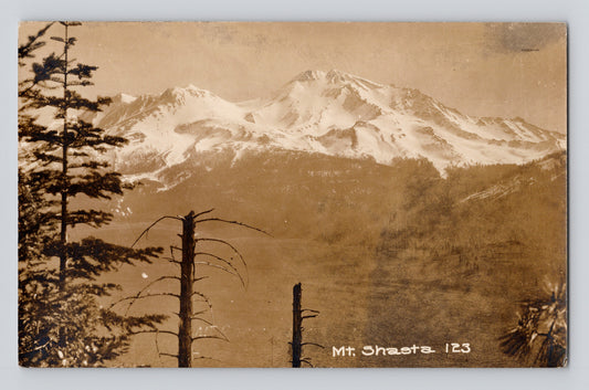 1920s Mount Shasta California snow covered peak sepia real photo postcard Jones Pharmacy Dunsmuir archival image