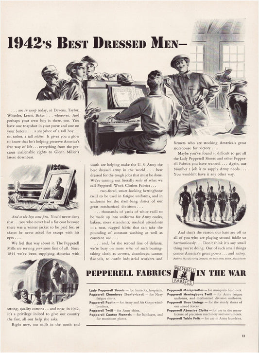 Pepperell fabrics 1942 wartime print ad soldiers uniforms best dressed men WWII