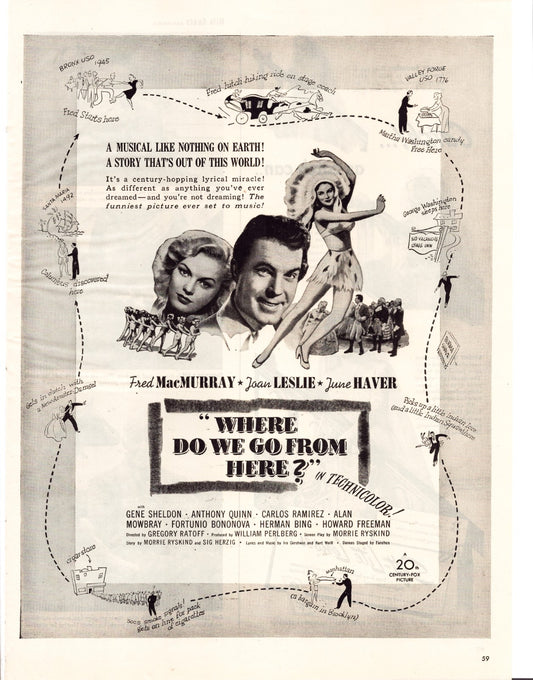 Where Do We Go From Here 1945 film print ad Fred MacMurray Joan Leslie June Haver musical movie advertisement