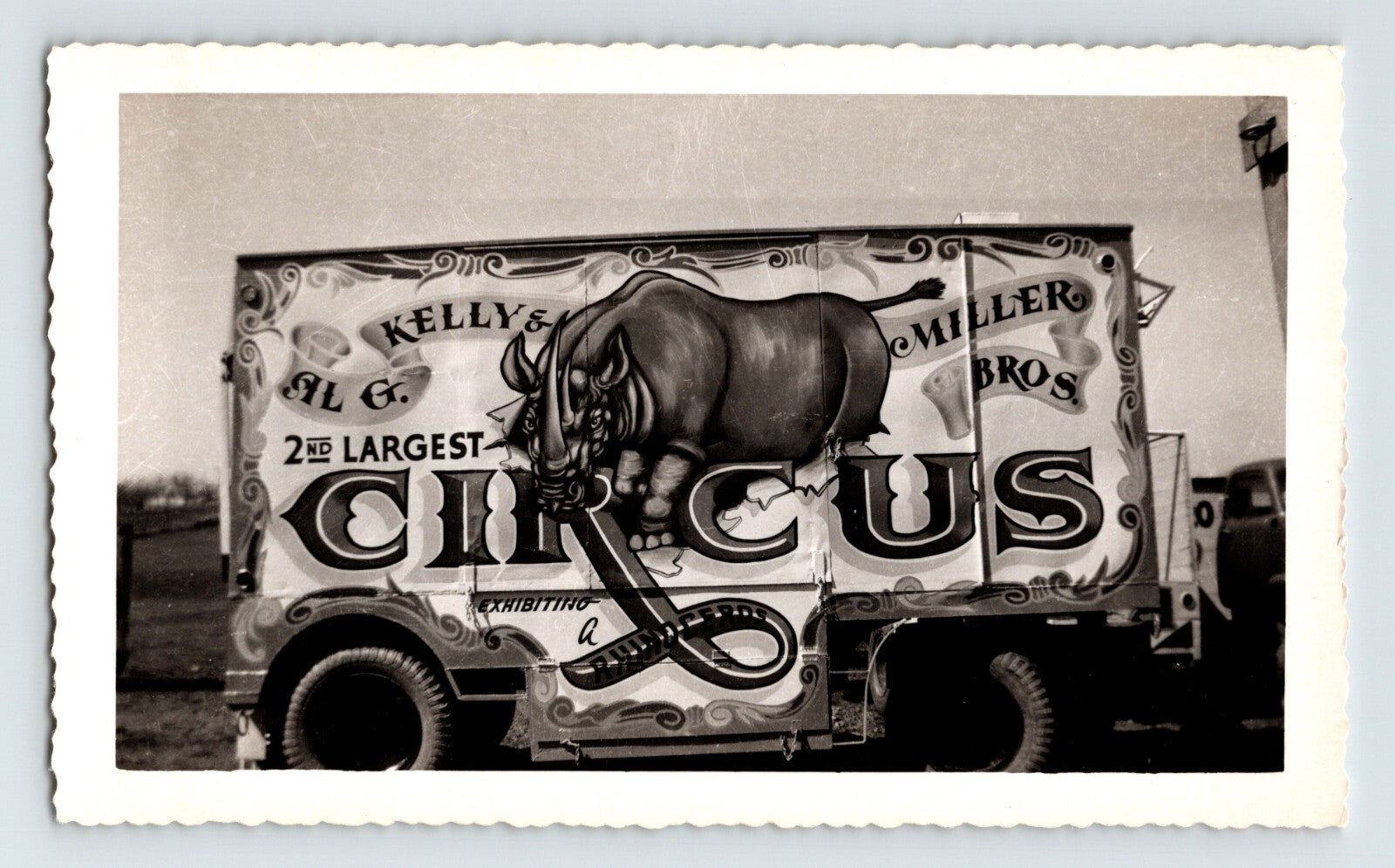 Kelly Miller Circus rhinoceros wagon mural 1950 black and white photo