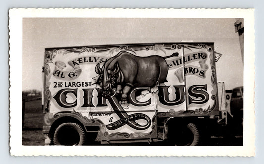 Kelly Miller Circus rhinoceros wagon mural 1950 black and white photo