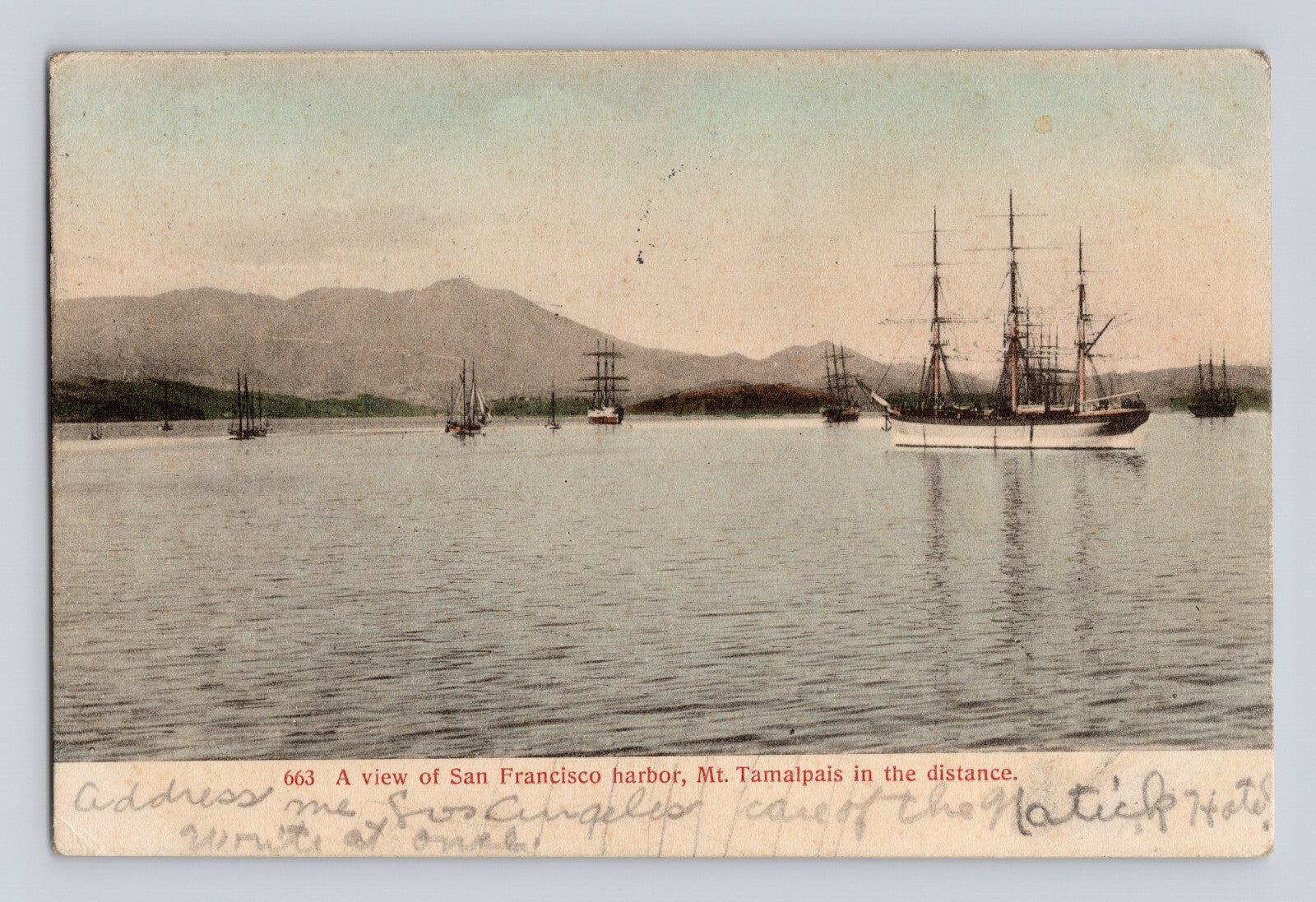 San Francisco Bay Mount Tamalpais ships sailing vessels harbor 1908 postcard